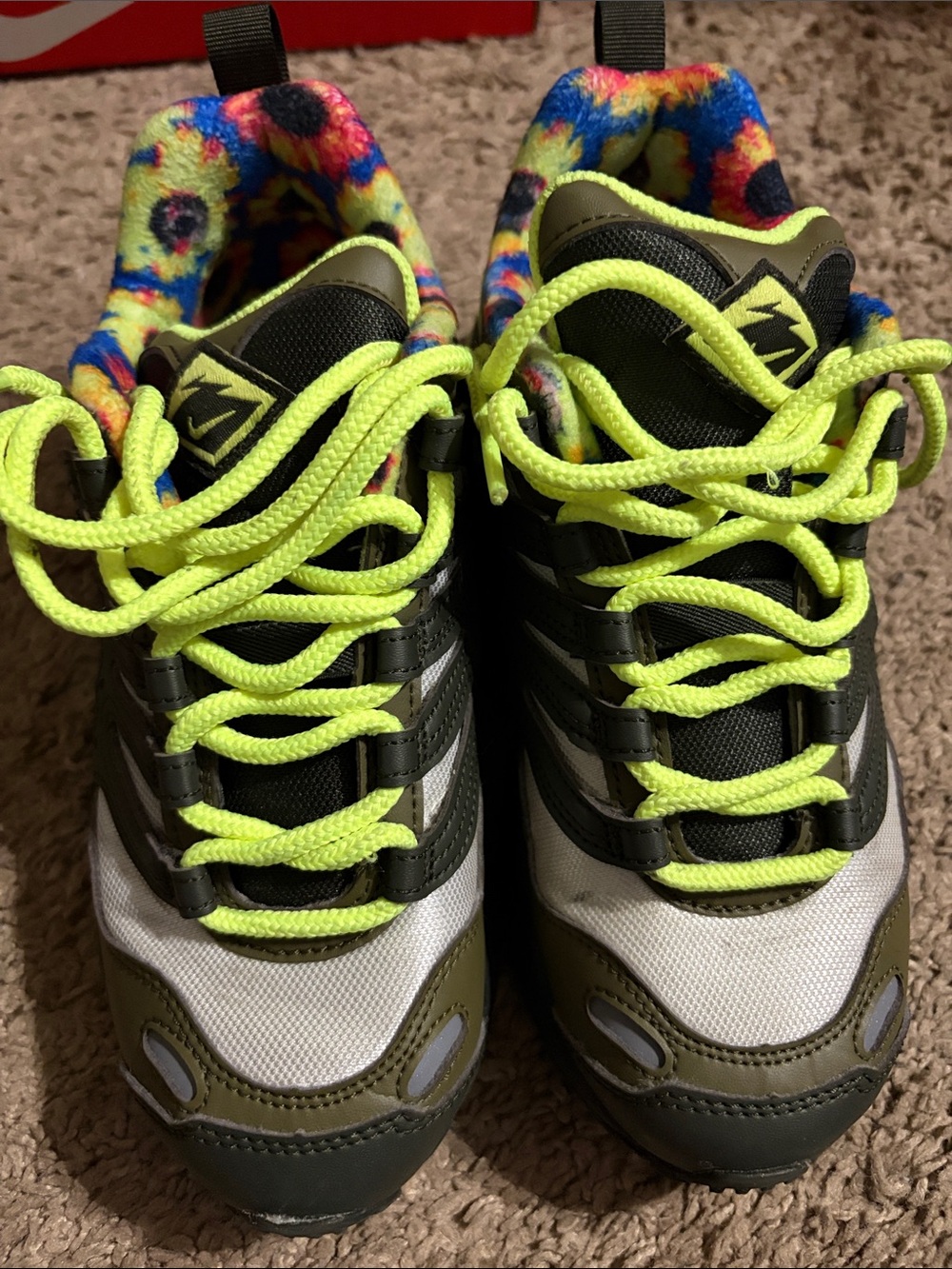 Nike Kids Neon Yellow, Olive & Black Sneakers with Multicolor Lining
